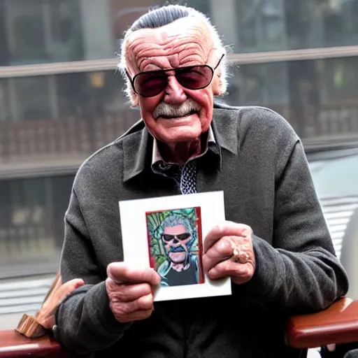 prompthunt: stan lee sitting inside a starbucks and taking a picture of his  drink cup with his iphone 1 2, black and white photo, real, photorealistic