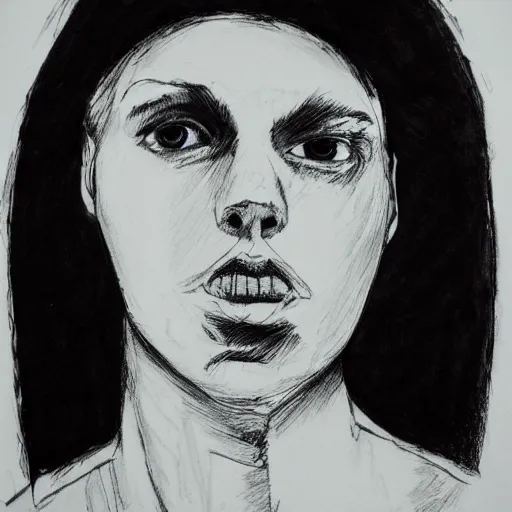 Prompt: portrait of dazed model facing slightly right, black ink on paper