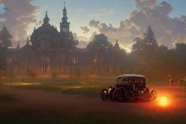 Image similar to a mobile driving ornate baroque church mounted on chaindrive, scene in an open field. key visual, conceptart, ambient lighting, highly detailed, digital painting, artstation, concept art, sharp focus, by makoto shinkai and akihiko yoshida and greg manchess