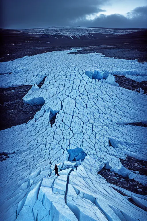 Image similar to emissary edge of a glacier in iceland by arthur haas and bruce pennington and john schoenherr, cinematic matte painting, zaha hadid building, photo realism, dark moody color palate, blue hour stars, desolate glacial landscape,