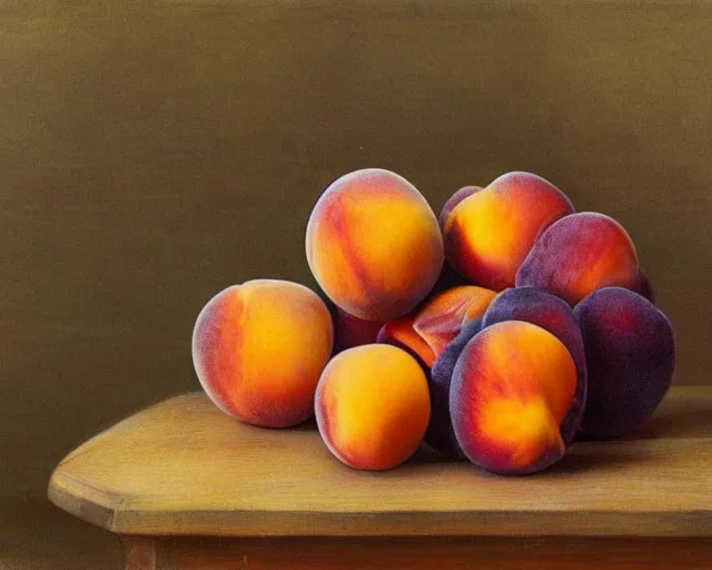 Image similar to peaches, apricots, plums lie in a wooden bowl on a table, in the style of impressionism