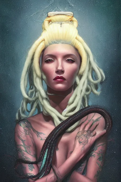 Image similar to portrait of an alien woman queen with long floating snake dreads, straight on portrait, by artgerm, tom bagshaw, gerald brom, vaporwave colors, lo - fi colors, vaporwave, lo - fi, moody vibe, goth vibe, 4 k, hd,