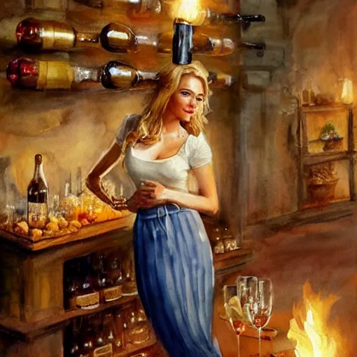 Prompt: hot blonde in a wine cellar, food, pork, beer, schnapps, rustic, traditional, torches on the wall, watercolor by vladimir volegov, highly detailed, masterpiece