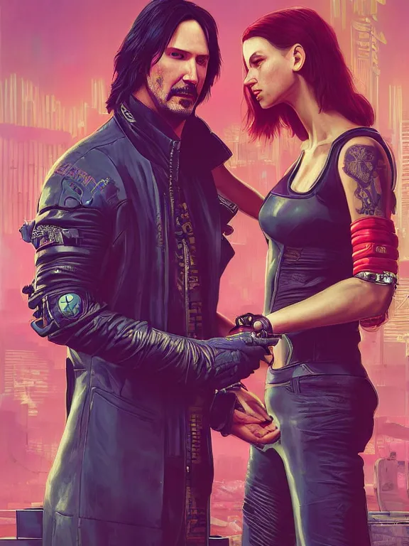 Prompt: a cyberpunk 2077 couple portrait of Keanu Reeves and V ,love story ,film lighting,by laurie greasley,Lawrence Alma-Tadema,William Morris,Dan Mumford,trending on atrstation,full of color,Digital painting,face enhance,highly detailed,8K, octane,golden ratio,cinematic lighting