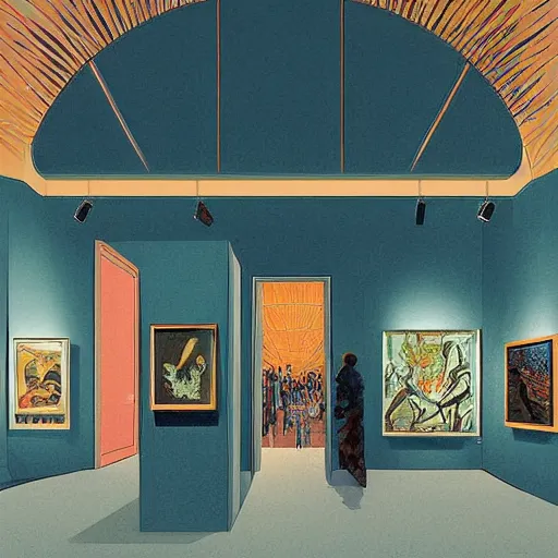 Image similar to illustration of modern art gallery, where there is a lot of paintings displayed from various artist, very fashion, displayed on the walls, by Victo Ngai and James Gilleard and Bruce Pennington