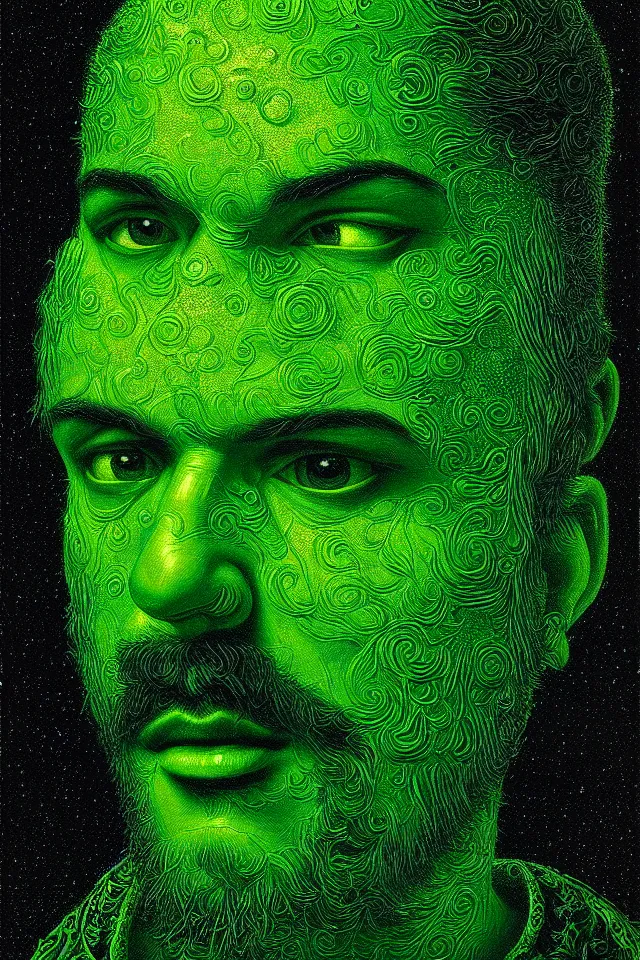 Image similar to bizarre green blacklight detailed renaissance portrait of mario as a highly detailed realistic real life person, dramatic cinematic lighting, 8 k, beautiful intricate painting by james r eads and tomasz alen kopera