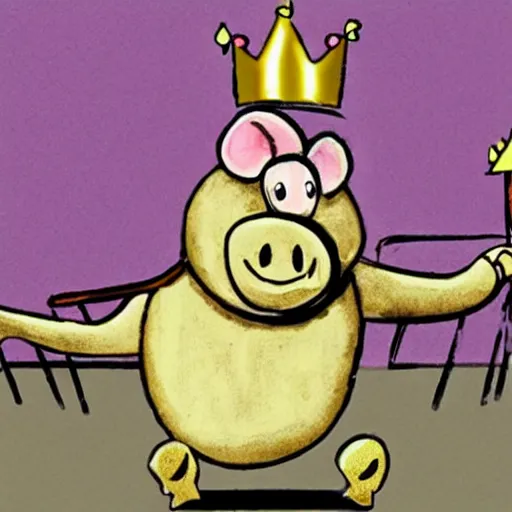 Image similar to a pig wearing a gold crown in the style of Rube Goldberg