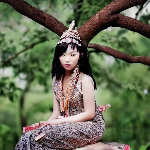 Image similar to portrait of asian girl in the costume of bird, sitting in the tree, jewellery, beautiful face, elegant, stylish, cool, deep gaze, emotionally touching, tenderness, high quality, photo realistic, work in the style of annie leibowitz