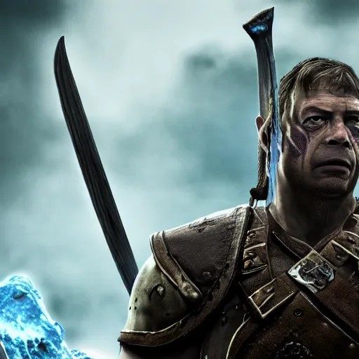 Prompt: nigel farage as a warrior in skyrim, splash art, movie still, cinematic lighting, dramatic, octane render, long lens, shallow depth of field, bokeh, anamorphic lens flare, 8 k, hyper detailed, 3 5 mm film grain