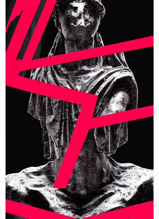 Prompt: dark design poster showing a close up of a heroic greco roman statue, black background with very subtle red and purple design elements, powerful, nekro, vito acconci, thin straight lines, dark, glitch art, neo vaporwave, gritty, layout frame, square, trending on artstation