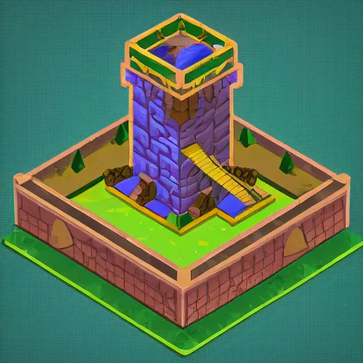 Prompt: isometric view of a wizard tower from a resource gathering game