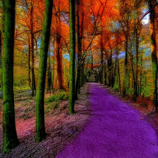 Image similar to infra-red, color, photography, forest, purple, blue, yellow, filtered, dappled, path, quaint, calming