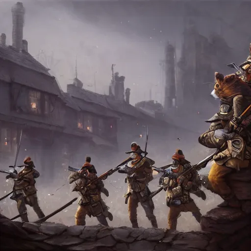 Image similar to oil painting of many hamster soldiers holding rifles, close shot, medium shot, steampunk clothes, steampunk city background, sharp focus, fantasy style, octane render, volumetric lighting, 8k high definition, by greg rutkowski, highly detailed, trending on art Station, dungeons and dragons artwork, centered