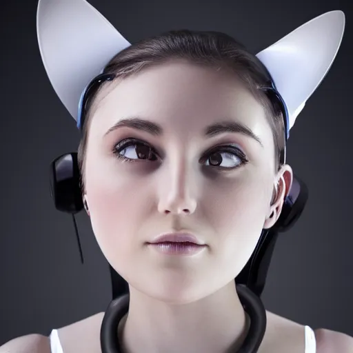 Image similar to cute young woman with robot ears and eyes, 4k, Jason Naylor