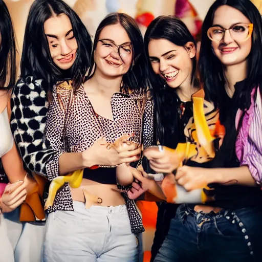 Image similar to four young adults are in a party in italy, they all have similar accessories and themed clothing, they are sharing the same items