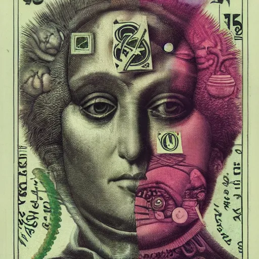 Prompt: post - punk new age album cover, asymmetrical design, frame of a dollar bank notes, capitalism, magic, apocalypse, psychedelic, black white pink, magic, giger h. r., giuseppe arcimboldo