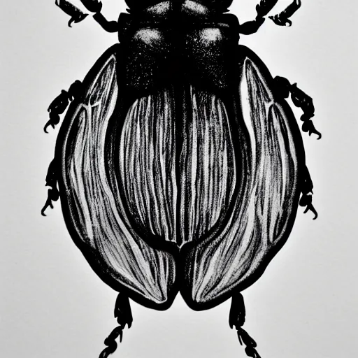 Image similar to beetle, black and white, botanical illustration, black ink on white paper, bold lines