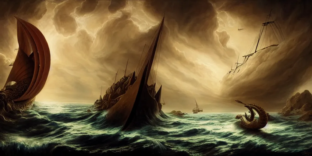 Prompt: Odysseus's ship sailing past a sea serpent, by Rolf Armstrong and Evelyn De Morgan and Bastien Lecouffe-Deharme, dramatic lighting, high contrast colors, baroque, empyrean, panoramic view, as trending on Artstation, highly detailed, doom engine,