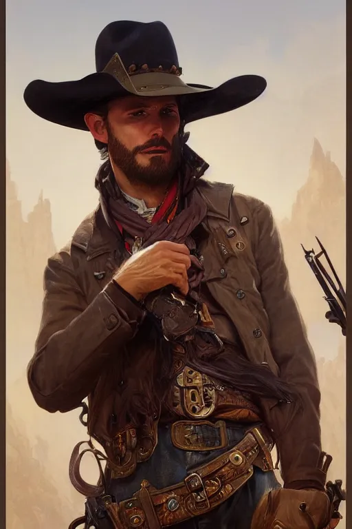 Image similar to portrait of sam eliott, western, gunslinger, duster, fantasy, intricate, elegant, highly detailed, digital painting, artstation, concept art, sharp focus, illustration, art by artgerm and greg rutkowski and alphonse mucha