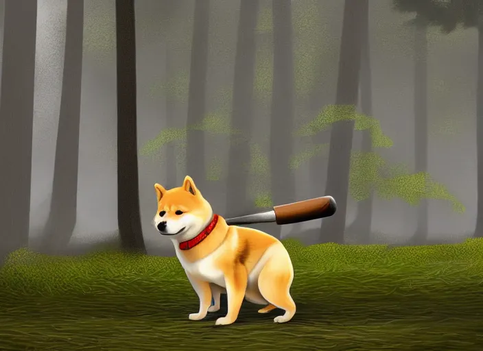 Image similar to digital art of a bodybuilder shiba inu holding a baseball bat in the forest. Dof. Highly detailed 8k, fantasy