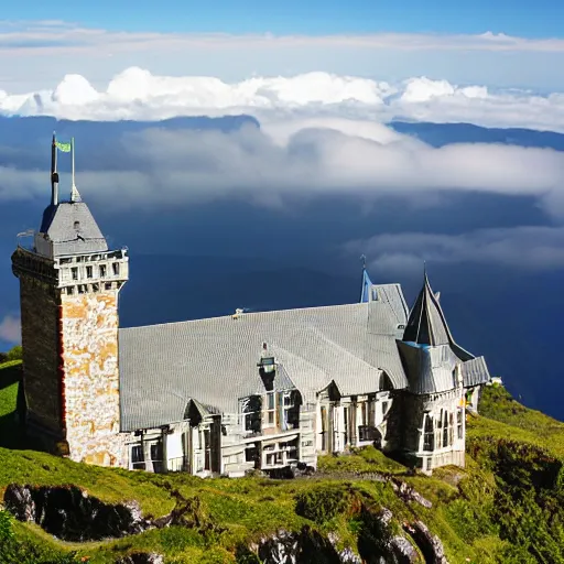 Prompt: grand Castle on top of Auckland mountain, clouds, sun