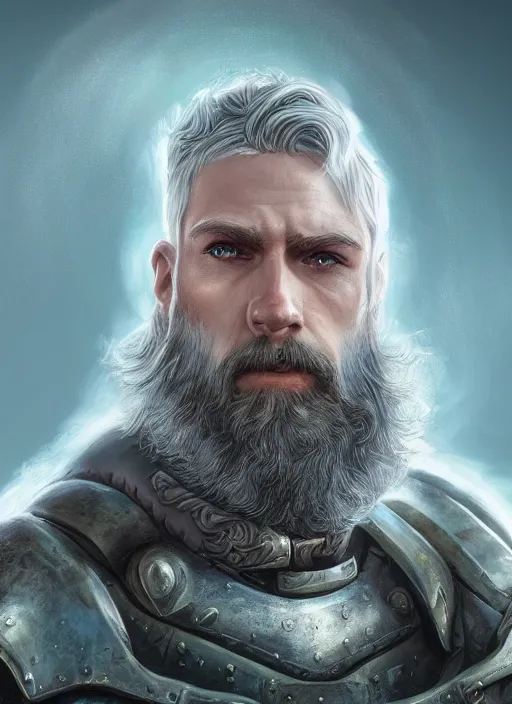 Prompt: an epic fantastic realism comic book style portrait painting of an aasimar paladin, male, shaggy silver hair, short brown beard, steve argyle, d & d concept art, unreal 5, daz, teal aesthetic, octane render, cosplay, rpg portrait, dynamic lighting