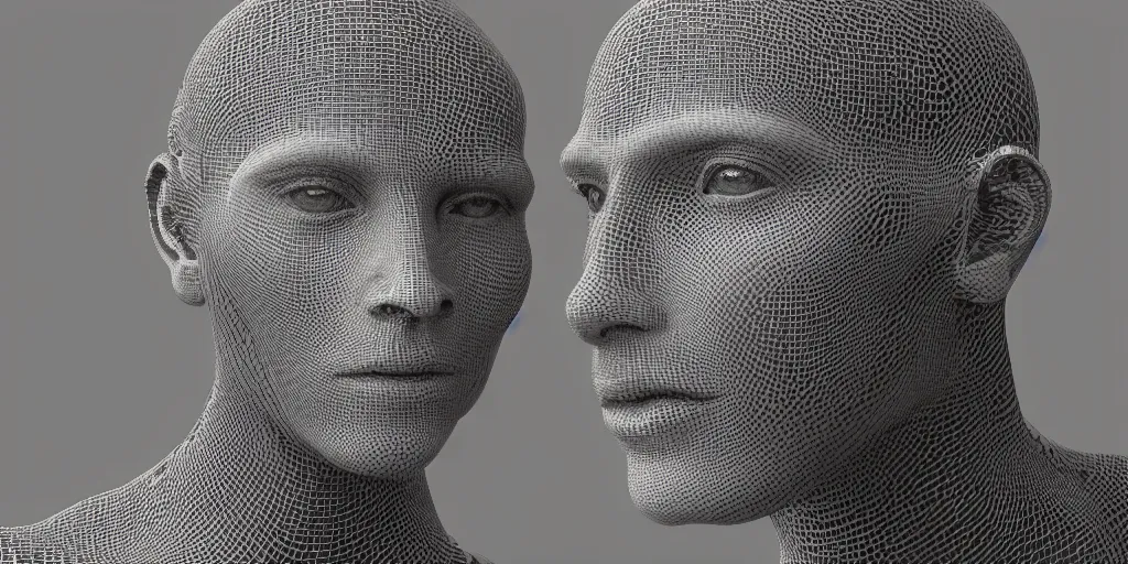 Prompt: hyperrealistic liquified intricate human sculpture, cinematic hq character, holographycs machine learning human deep web face, industrial robot, 8 k render cinema 4 d super resolution photo, moovie frame hd 8 k, upscale detailed photo, 3 d art, hyperrealism, volumetric light and texture artstation