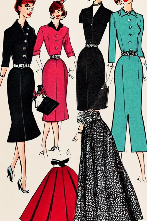 Image similar to a detailed fashion illustration of a 5 0 s hostess outfit