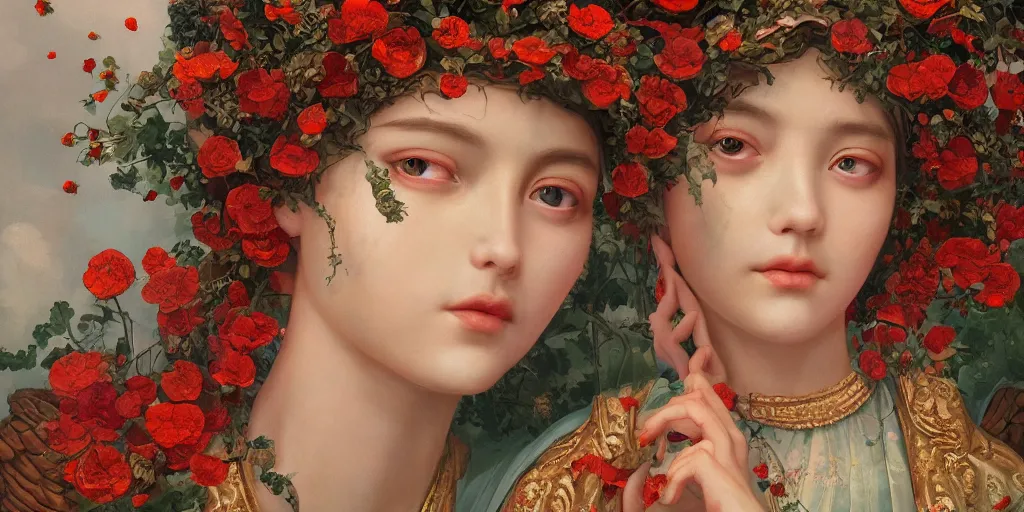 Image similar to breathtaking detailed concept art painting of the goddess of poppy flowers, orthodox saint, with anxious, piercing eyes, ornate background, amalgamation of leaves and flowers, by hsiao - ron cheng, extremely moody lighting, 8 k