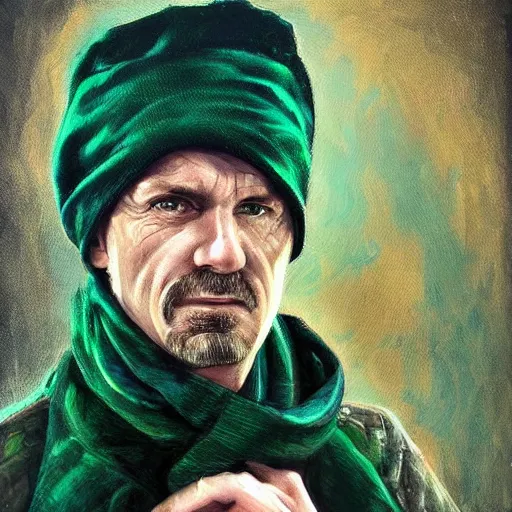 Prompt: Irish 48 year old man, green scarf, short hair, mischievous, dark fractals, oil painting, portrait, intricate complexity, rule of thirds, in the style of Artgerm, character concept-n 4