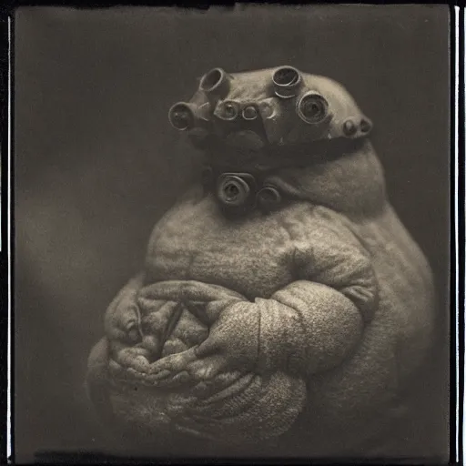 Image similar to tardigrade!!! daguerreotype portrait photograph. inspired by gerard grom and ansel adams and zdzislaw beksinski. highly detailed. old timey.