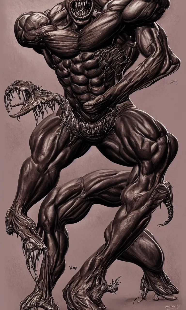 Image similar to legs and feets study of hyper realist full body long shot portrait of bodybuilder venom from marvel comics!!!!, large mouth with teeth, large tongue, lovecraftian horror!!, fantasy, intricate, elegant, highly detailed, digital painting, artstation, concept art, matte, sharp focus, illustration, art by glenn fabry and giger