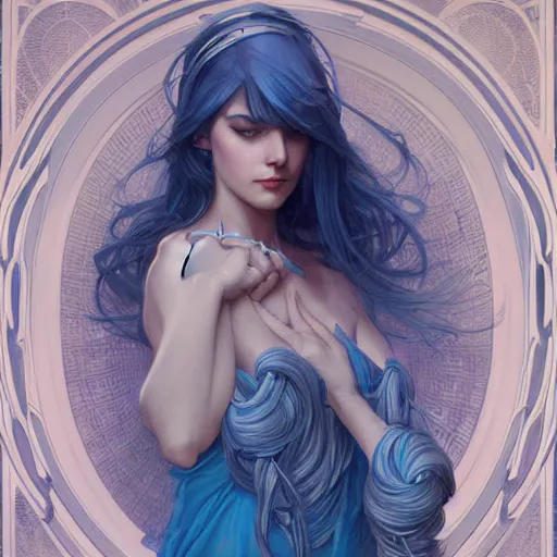 Image similar to goddess, blue hair, intricate, elegant, ethereal, highly detailed, retro, digital painting, artstation, concept art, smooth, sharp focus, illustration, art by artgerm and greg rutkowski and alphonse mucha