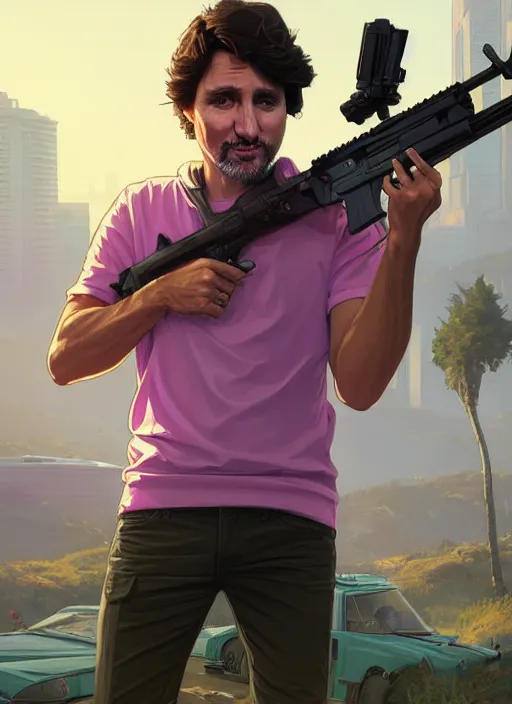 Image similar to highly detailed portrait justin trudeau in ( ( pink hoody rainbow socks ) ) holding ar - 1 5! in gta v stephen bliss unreal engine fantasy art by greg rutkowski loish rhads ferdinand knab makoto shinkai lois van baarle ilya kuvshinov rossdraws tom bagshaw global illumination radiant light detailed intricate environment