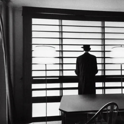 Image similar to wide angle of detective standing in apartment holding a bottle of alcohol, venetian blinds in the background, table and chairs against the wall, black and white, 4k, movie frame from 1940s noir film