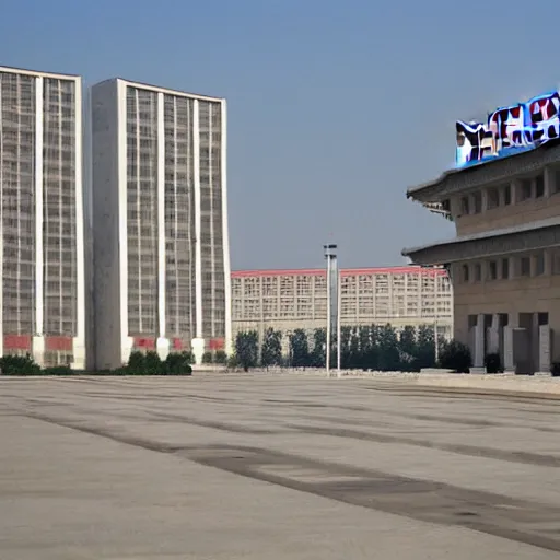 Image similar to North Korean architecture, large space, sunny day