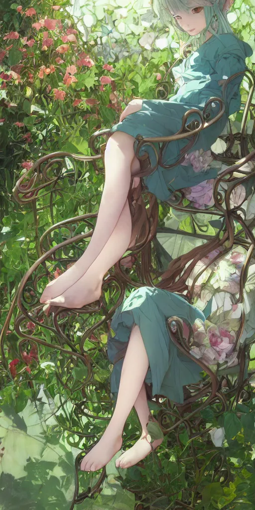 Image similar to a close up of a loli with long hair in a dress sitting on a metal garden chair in the privet garden at afternoon, green and warm theme, back lighting, by krenz cushart and mucha and akihito yoshida and greg rutkowski and makoto shinkai and studio ghibli, detailed eyes, 4 k resolution, trending on art station