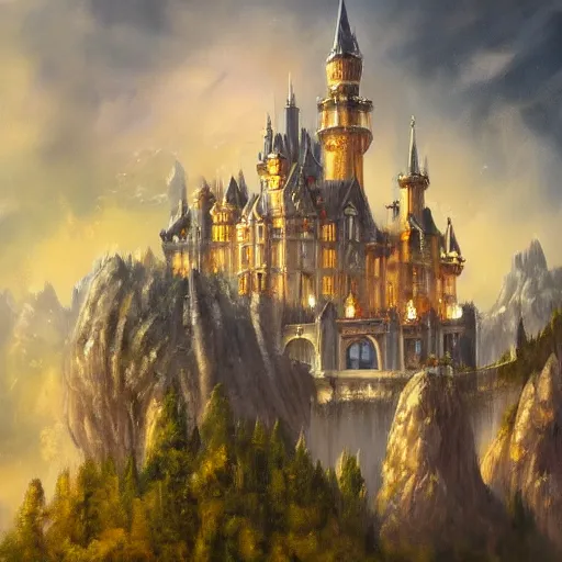 Image similar to a light oil painting of a magnificent light grey high fantasy castle on top of a mountain. below is a bustling town filled with people, artstation, rainy weather