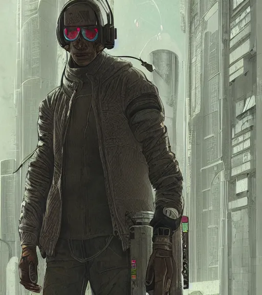 Image similar to a cyberpunk man with mole-like features explores a ruin, techwear, Industrial Scifi, detailed illustration, character portrait, by Martin Grip and Moebius