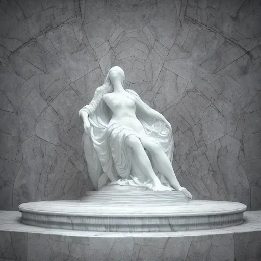 Image similar to “a delicate renaissance marble sculpture covered with water veil, highly detailed transparent marble cloth, gi, global illumination, physically based rendering, photorealistic, top light, dark background ”