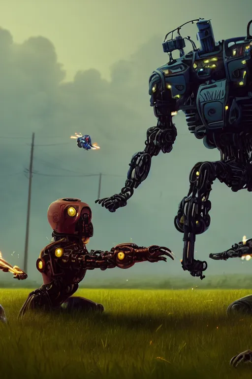 Prompt: One small and one large cyborg facing off in a duel, epic, ultra hd, Painting By Simon Stalenhag, unreal 5, DAZ, hyperrealistic, octane render, dynamic lighting, intricate detail, summer vibrancy, cinematic