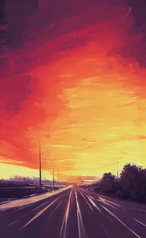 Image similar to a beautiful illustration of a car parket near a highway at sunset, art of alena aenami, featured on artstation, vertical orientation, paint brush strokes, expressionism, brushstroke - laden