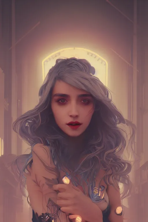 Image similar to portrait, vampire of clan banu haqim, light brown skin, night, long light blue hair, beautiful, in a cyberpunk city, neon signs, jewelry, alphonse mucha, william bouguereau, rossdraws, greg rutkowski, super detailed, realistic, octane render, volumetric, cinematic, 8 k