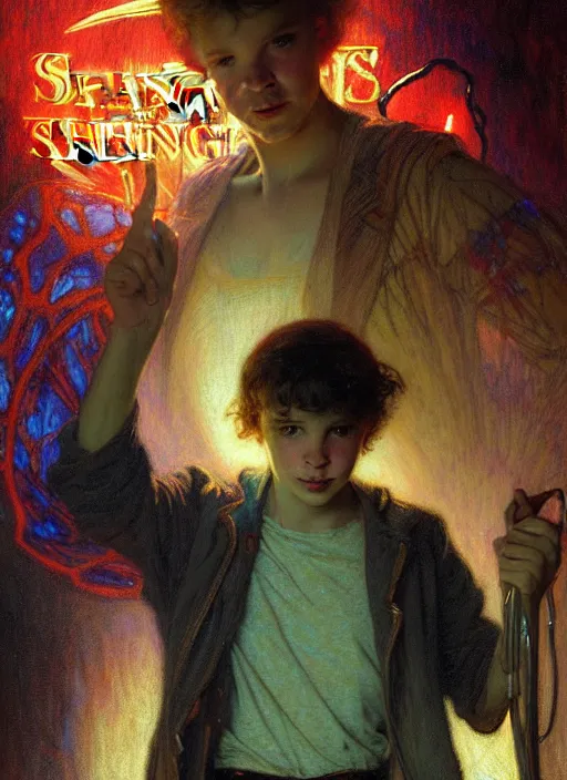 Prompt: illustration by gaston bussiere, mucha, gerome, craig mullins, greg rutkowski, john singer sargent. portrait of eddie muson, stranger things. 8 ß's neon retro. lights, glow, magical. dark background.