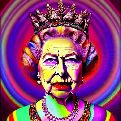 Image similar to An extremely psychedelic portrait of Queen Elizabeth, surreal, LSD, face, detailed, intricate, elegant, lithe, highly detailed, digital painting, artstation, concept art, smooth, sharp focus, illustration