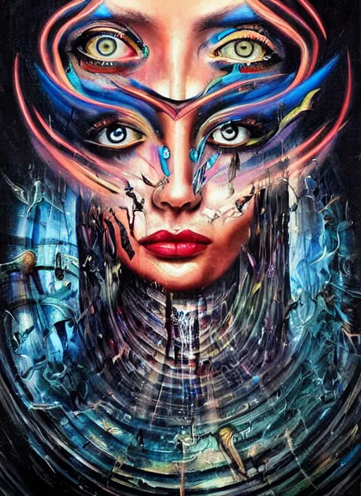 Image similar to incredible magic cult psychic woman, symmetrical painted face, third eye, energetic consciousness psychedelic scene, epic surrealism expressionism symbolism, story telling, iconic, dark robed, oil painting, layers on layers on layers, dark myth mythos, by Sandra Chevrier , Bruce Pennington, masterpiece