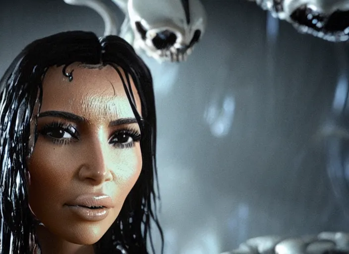 Prompt: film still of kim kardashian being held tightly by an xenomorph slathered in a transparent alien liquid, wet flowing hair, gooey skin, illustration, unreal engine 5, 8 k, directed by h. r. giger.