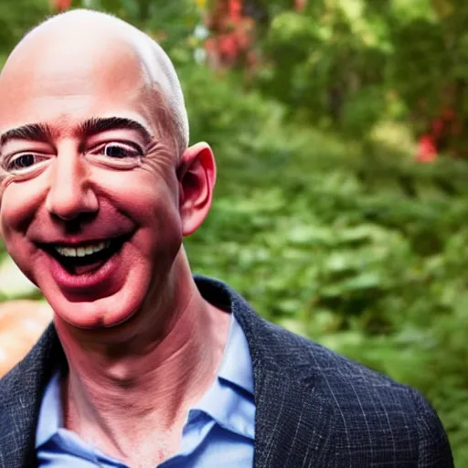 Prompt: portrait photo of jeff bezos finding a giant red mushroom, exhilarated, portrait, stock photo, closeup, mouth open, 30mm, bokeh