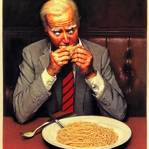 Prompt: joe biden eating a bowl of spaghetti, norman rockwell