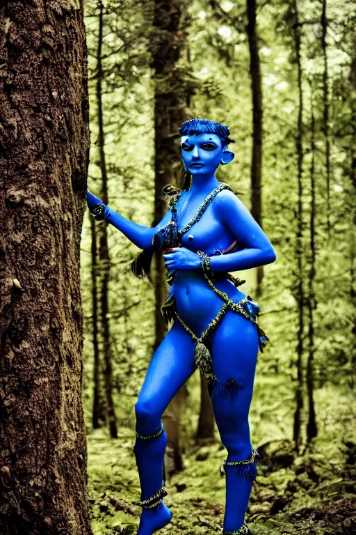Image similar to a german woman dressed as a blue-skinned female navi from avatar standing in a forest, high resolution film still, 8k, HDR colors, cosplay, outdoor lighting, high resolution photograph, photo by bruce weber